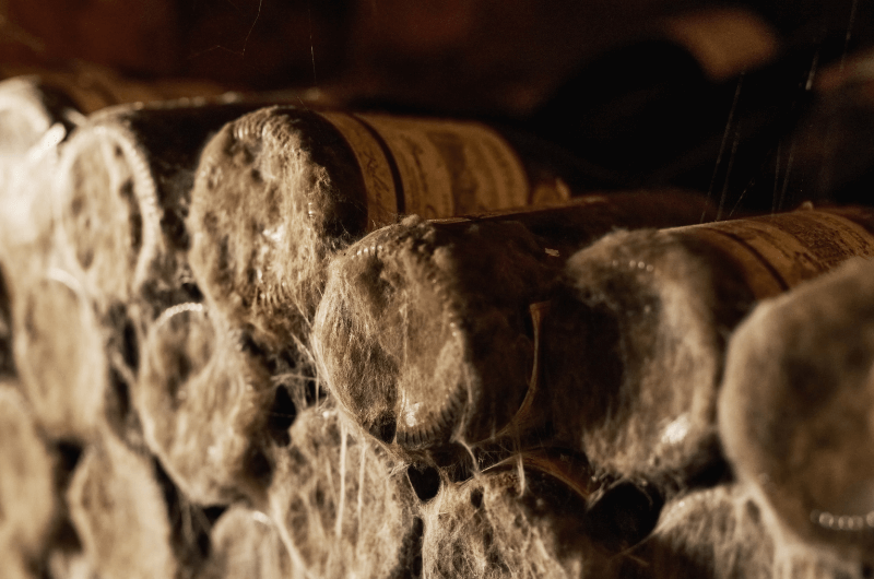 Archival wine bottles with dust on them